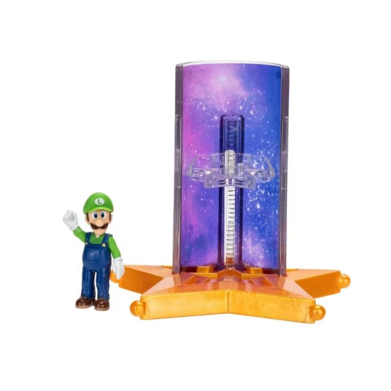 Luigi figure from Super Mario Galaxy with a star launcher accessory featuring a galactic background.