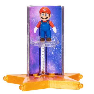 1.5” Mario figure with Star Launcher accessory, featuring a vivid galaxy backdrop and an orange star-shaped base.