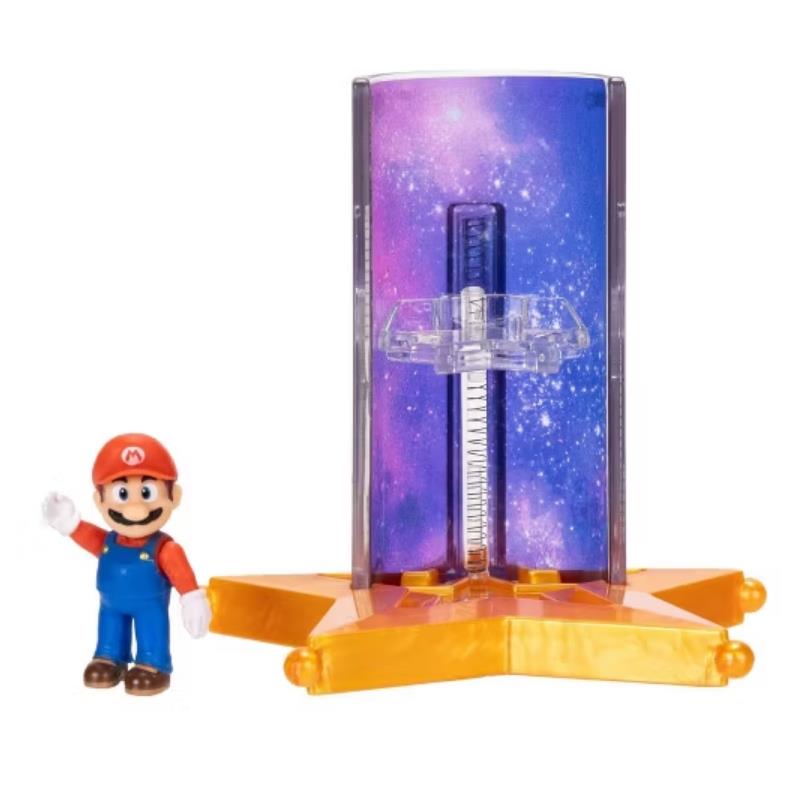 1.5” Mario figure with a Star Launcher accessory, featuring a colorful galaxy backdrop in a star-shaped base.