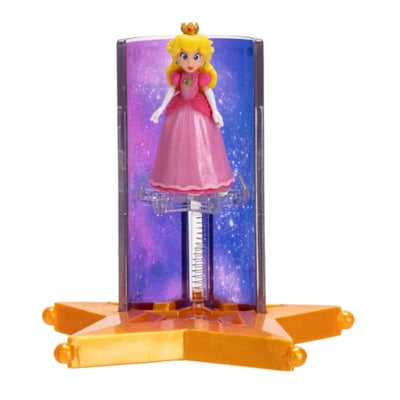 1.5-inch Princess Peach figure with a star launcher accessory, set against a cosmic backdrop.