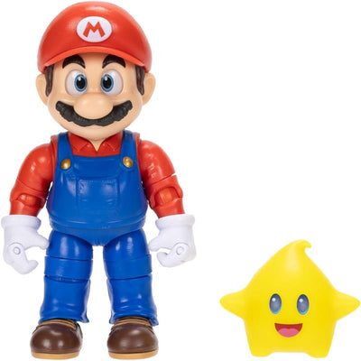 5-inch Mario action figure wearing blue overalls and red shirt, alongside a yellow glow-in-the-dark Luma star figure.