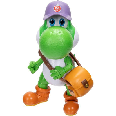 Green Yoshi action figure from Super Mario Galaxy movie, wearing a purple NYC cap and holding an orange bag.