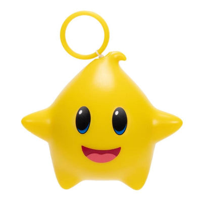 Yellow Luma star toy from Jakks The Super Mario Galaxy Movie, featuring a smiling face and a keyring attachment.
