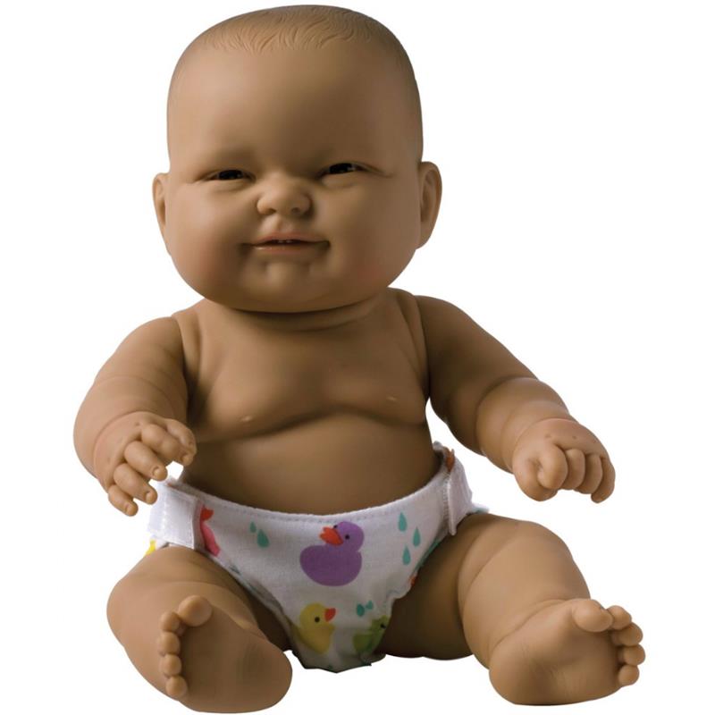 All-vinyl baby doll with a smiling expression, wearing a diaper decorated with colorful ducks.
