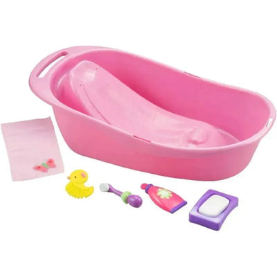 Pink baby doll bathtub set with accessories, including a towel, rubber duck, shampoo bottle, soap, and brush. Suitable for dolls up to 16 inches.