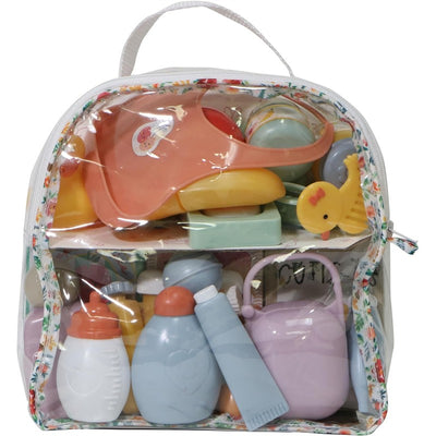 20-piece baby doll accessory bag featuring bottles, dishes, and toys, packaged in a clear floral zipper bag.