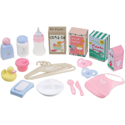 20-piece accessory set for the JC Toys Berenguer Boutique Baby Doll, featuring bottles, food boxes, toys, and feeding supplies.