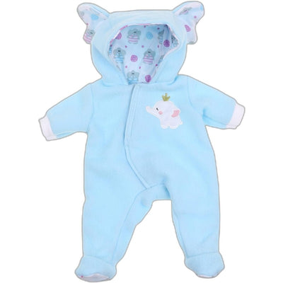 Blue elephant-themed hooded onesie for dolls, featuring an elephant patch and ear detail, suitable for ages 2+.