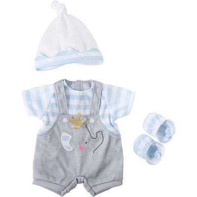 Gray overall shorts with blue stripes, matching hat, and booties, featuring an elephant design with a crown.