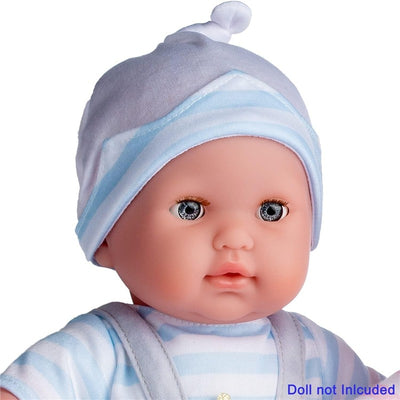 Gray overall shorts with blue stripes designed for the JC Toys Berenguer Boutique baby doll outfit.