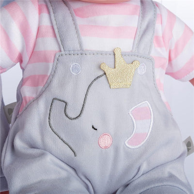 Gray overall shorts with pink stripes, featuring an embroidered elephant and crown detail, designed for baby dolls.