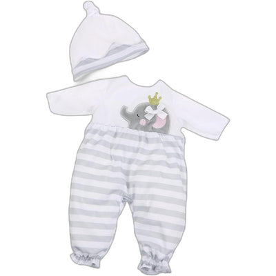 Gray striped long onesie for baby dolls featuring an elephant design with a crown and a matching hat. Suitable for ages 2+.