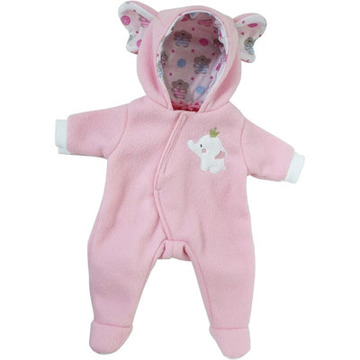 Pink elephant-themed hooded onesie for dolls, featuring an elephant appliqué and patterned lining with playful designs.