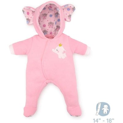 Pink elephant-themed hooded onesie for dolls, featuring an elephant design with ears and a crown, designed for ages 2+.