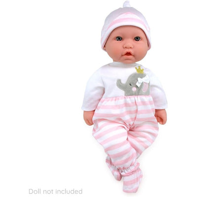 Pink striped long onesie outfit for baby dolls featuring an elephant design with a crown and bow.