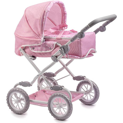 Pink foldable baby doll stroller with canopy, featuring polka dot fabric and sturdy wheels for pretend play.