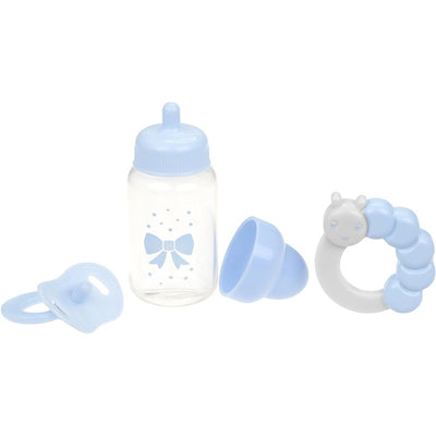 JC Toys blue baby doll accessories set featuring a bottle with a bow design, a pacifier, and a caterpillar rattle.