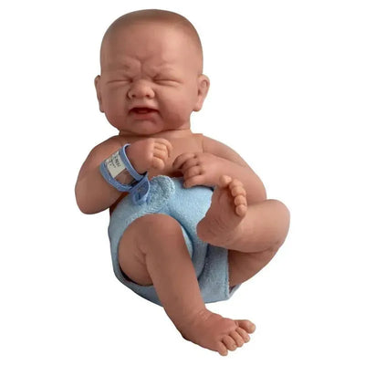 Realistic 14-inch boy baby doll with a crying expression, wearing a blue cloth diaper and a hospital wristband.