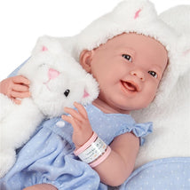 JC Toys La Newborn All-Vinyl Baby Doll Blue Onesie & White Cat Theme with Animal Friend Image 2
