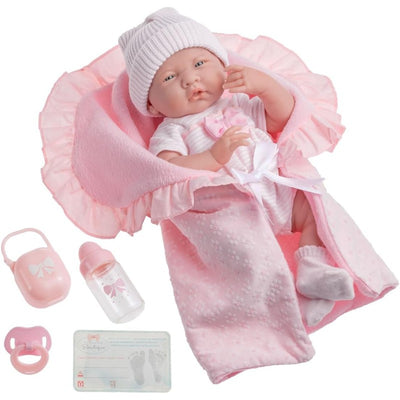 JC Toys La Newborn soft body baby doll in pink outfit with accessories including a bottle, pacifier, and birth certificate.
