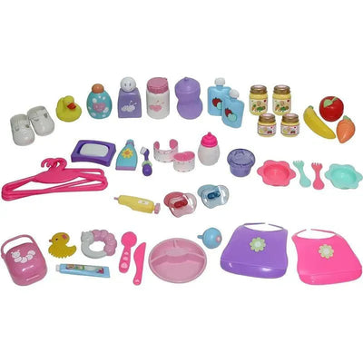 45-piece accessory set for toddlers featuring colorful toys like bottles, food items, utensils, and clothing accessories.