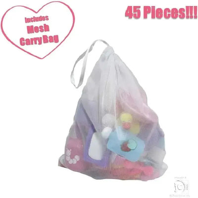 Nursery accessory bag containing 45 colorful play items, including toys and a carry bag, suitable for ages 2+.