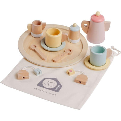 Wooden 12-piece tea party set featuring pastel cups, a teapot, utensils, and a tray, suitable for ages 3+.