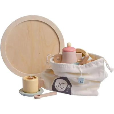 Real Wood 12 Piece Tea Party Set by JC Toys, featuring colorful wooden cups, a teapot, and a serving tray. Suitable for ages 3+.