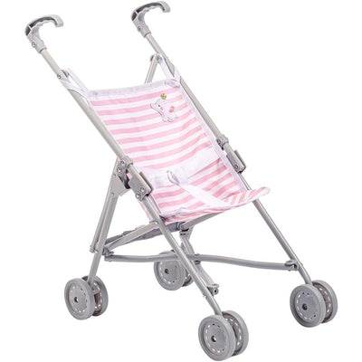 Pink striped umbrella stroller with a gray frame, designed for dolls or small children, featuring an elephant design.