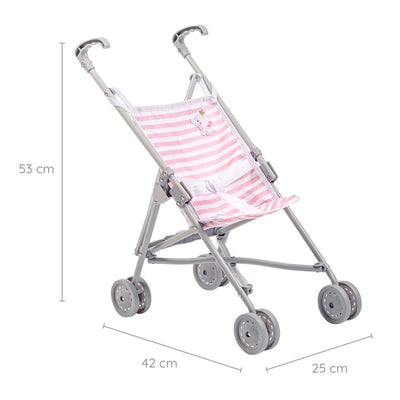 Pink striped umbrella stroller by JC Toys, featuring a lightweight design and gray frame, dimensions 53 cm height and 42 cm width.