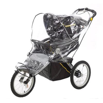 Jogging stroller weather shield accessory covering a Jeep brand jogging stroller, providing protection from the elements.