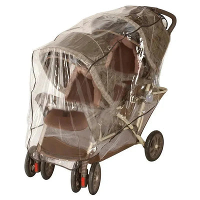 Weather shield for Jeep tandem stroller, clear plastic cover protecting two seats, designed for outdoor use.