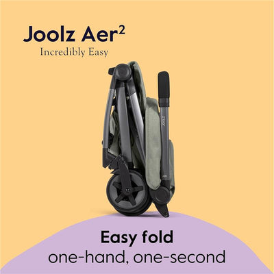 Joolz Aer² lightweight compact stroller in sage green, displayed in a folded position with text highlighting easy one-hand folding.
