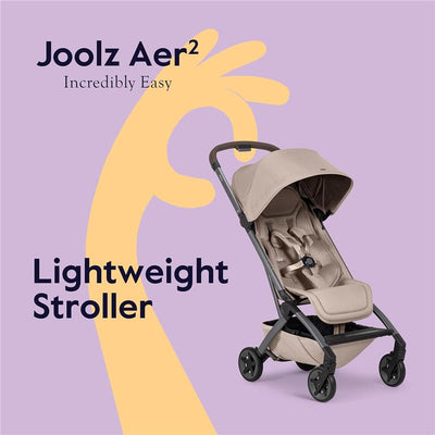 Joolz Aer² lightweight compact stroller in Sandy Taupe with a modern design, displayed on a purple background with text.