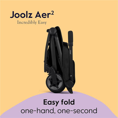 Compact Joolz Aer² stroller in Space Black, folded and displaying text about easy one-hand, one-second folding.