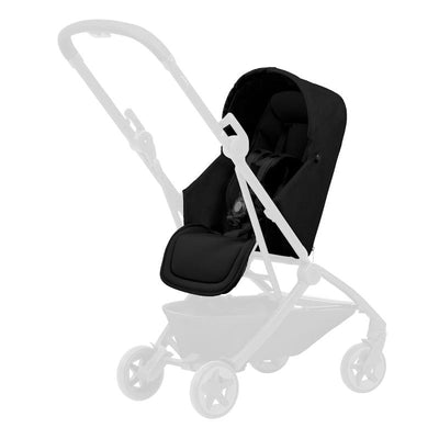 Joolz Aer2 Nest to Seat in Space Black, featuring a stylish canopy and comfortable seat with harness on a white stroller frame.