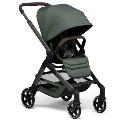 Lightweight Joolz Hub² Compact Stroller in forest green, featuring a padded seat, adjustable canopy, and sturdy wheels.