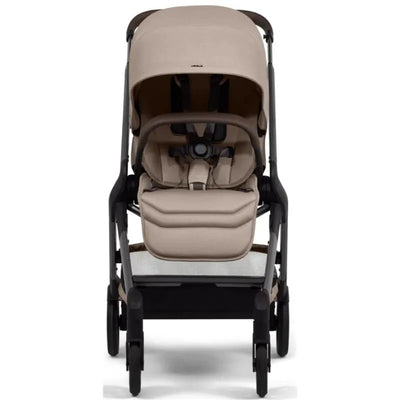 Lightweight Joolz Hub² Compact Stroller in Sandy Taupe, featuring a padded seat and adjustable canopy.