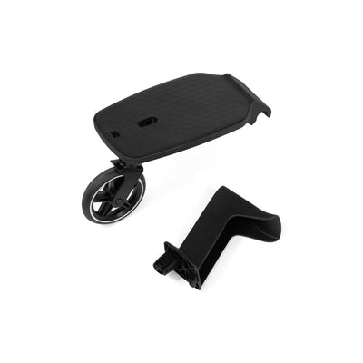 Joolz Hub2 footboard with seat in black, featuring a textured surface and one wheel, accompanied by a mounting bracket.