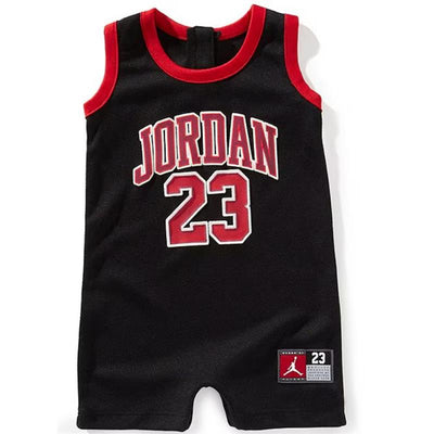 Black Baby Boy Jumpman 23 jersey romper featuring red accents, “JORDAN” and “23” printed on the front.