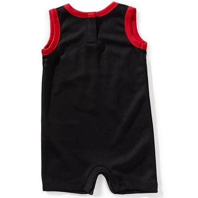 Black Jordan Baby Boy Jumpman 23 Jersey Romper featuring red trim and sleeveless design, ideal for active toddlers.