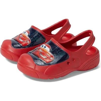 Red slide sandals for baby boys, featuring a Lightning McQueen design on the front.