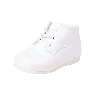 White high-top ankle support shoes for baby boys, featuring laces and rounded toe, ideal for christening events.