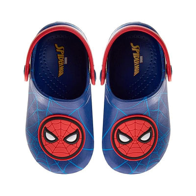 Blue waterproof slip-on clogs featuring a Spider-Man face and web design, suitable for kids.