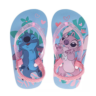 Flip-flop slippers featuring Stitch and Angel characters, designed for toddler girls, with a blue base and pink straps.