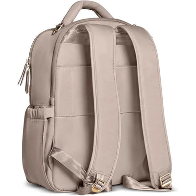Classic Jujube backpack in taupe, featuring adjustable straps, zip closure, and side pockets.