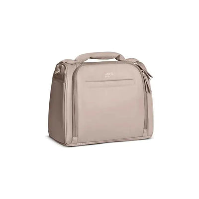 Insulated taupe bag designed for carrying bottles, featuring a zip closure and front pocket.