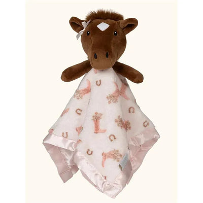 Brown horse head security blanket with a soft, pink fabric featuring horse imagery and satin trim.