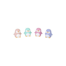 Kalencom Penguins Party Bath Toys 4 Piece Set featuring four colorful, cute penguin bath toys in pink, mint, purple, and blue.