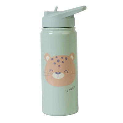 Light green thermos bottle with a smiling cheetah face graphic, featuring a straw lid and 16.9 fluid ounce capacity.